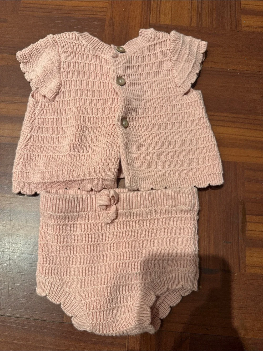 Pink Knit Baby Two-Piece Set - Soft Scallop Cardigan & Bloomers